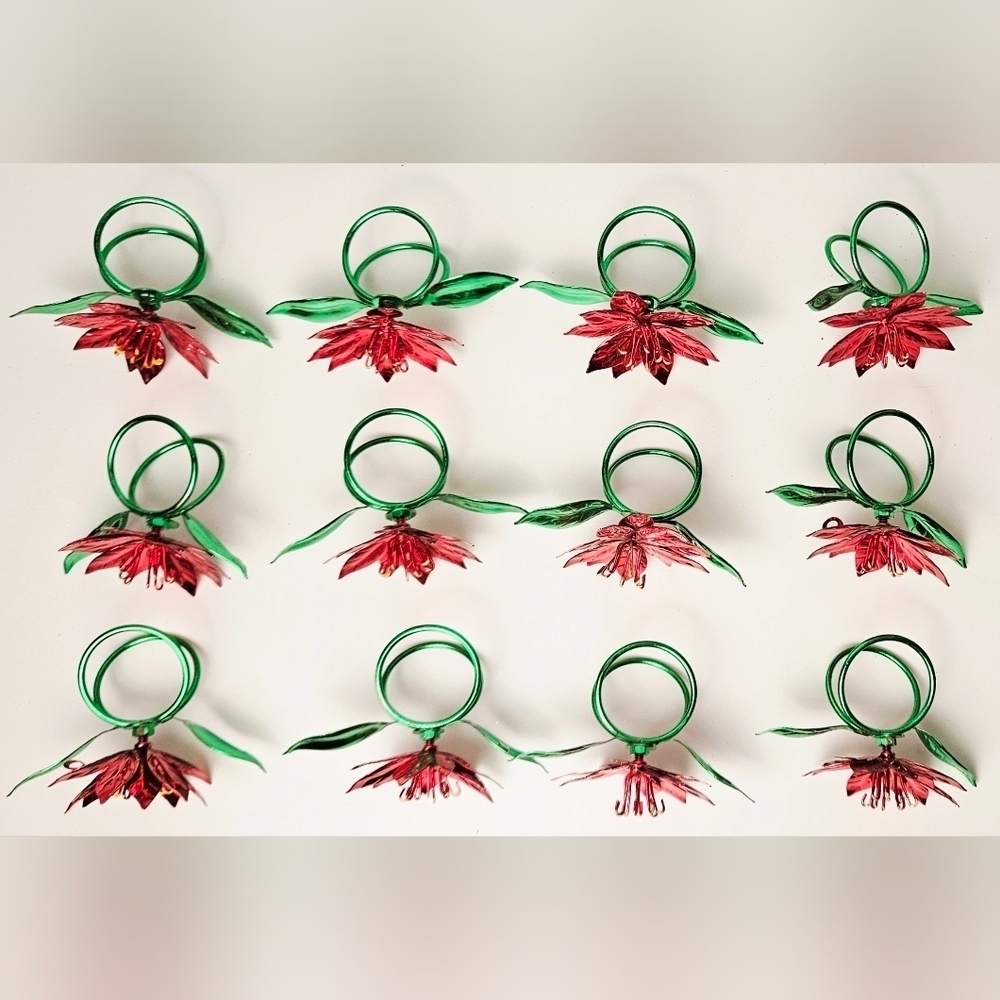 Vintage Tin Poinsettia Napkin Rings Set of 12 Red Green Christmas Table Decor - Picture 6 of 10